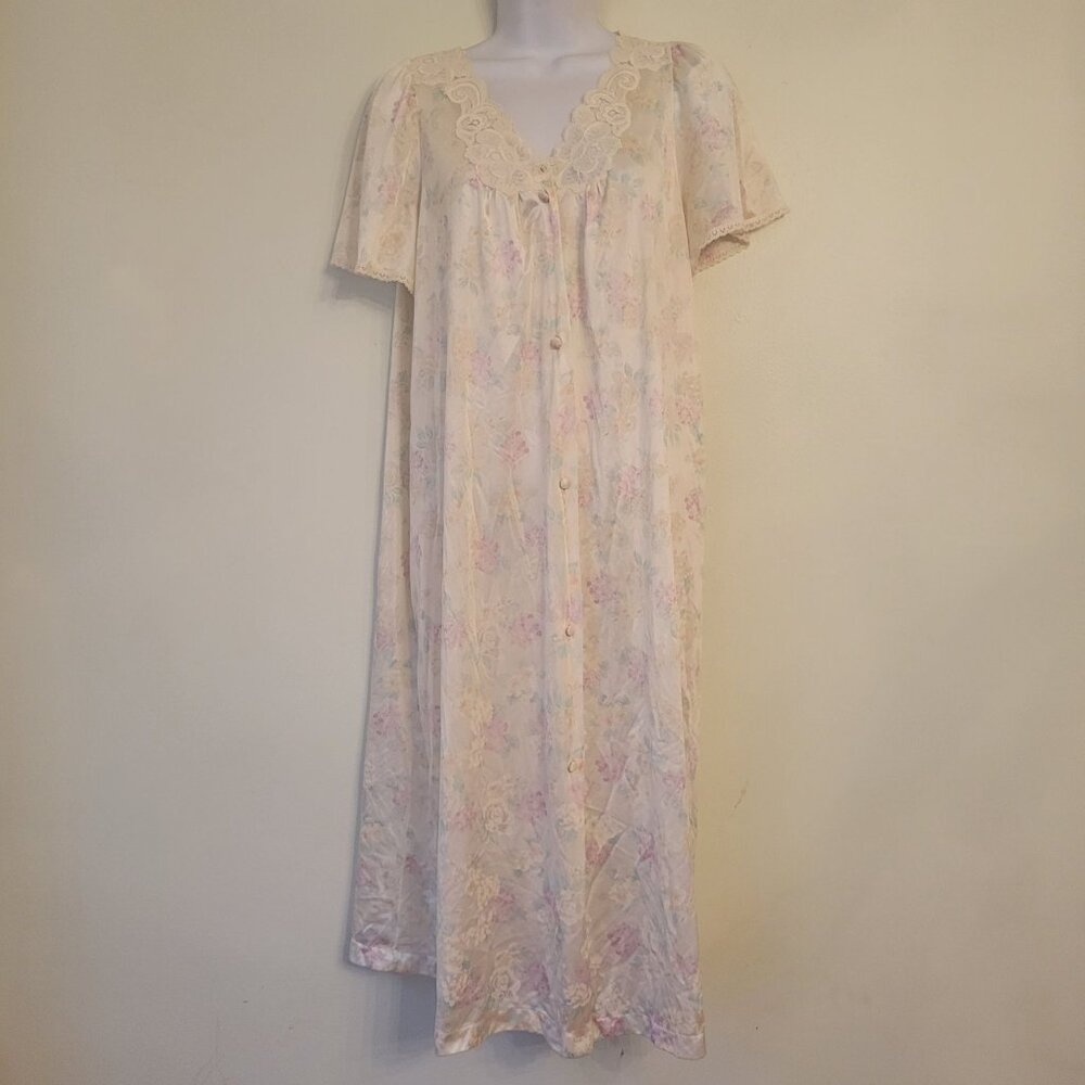 Vintage Vanity Fair‎ Floral Nightgown Made In USA M Pink Green Lace Trim Summer